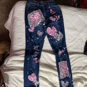 custom jeans with butterflies and hearts